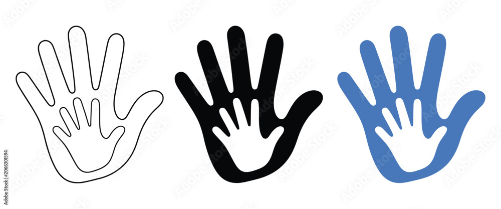 Fototapeta premium Helping Hands Icon Set Featuring Adult and Child Hand Silhouettes for Family Support, Compassion, Protection, and Community Care Services Vector Illustration