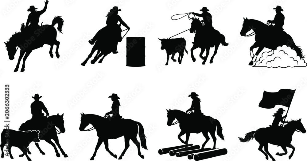 Fototapeta premium Cowboy Rodeo Horse Riding Silhouette Set with Ranch and Western Activities