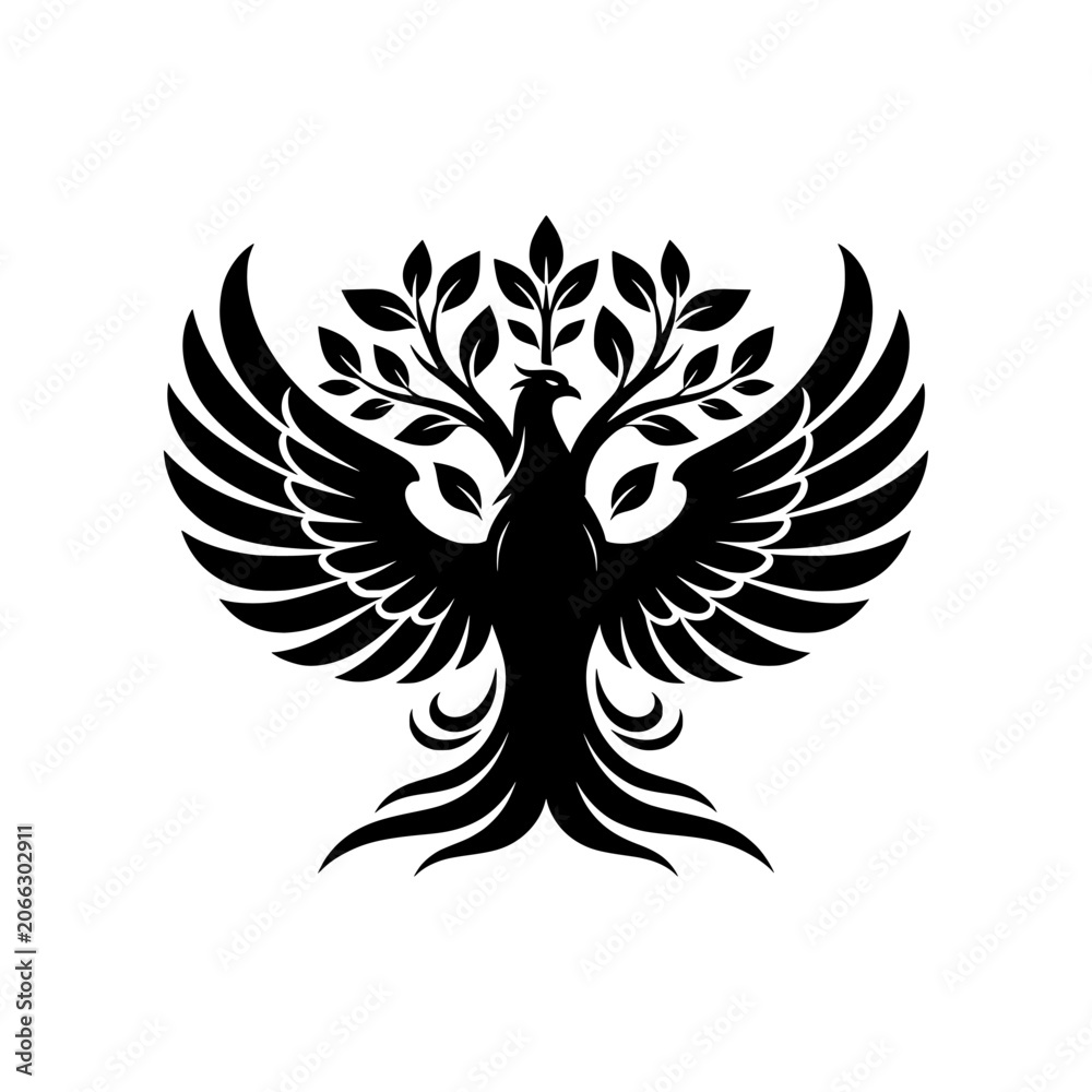 Fototapeta premium Phoenix Tree icon blending the tree of life with phoenix wings. Premium black and white vector emblem symbolizing renewal, growth, and resilience.