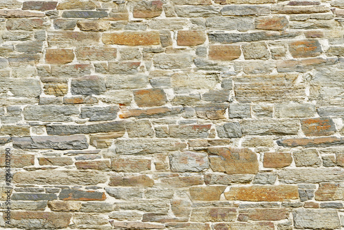 Muro in pietra composto da blocchi irregolari in diverse tonalità naturali, con malta chiara e superficie materica. Ideale per architettura, restauro, materiali e sfondi creativi.