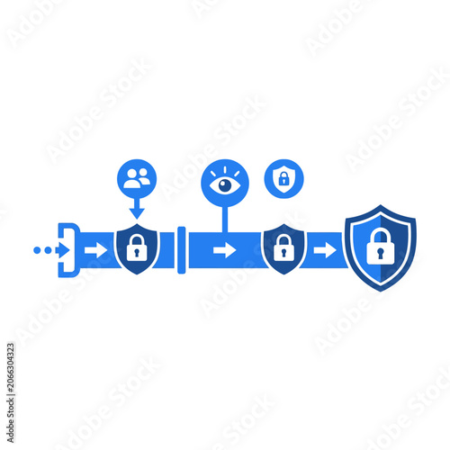 A blue graphic showing a secure digital data processing workflow