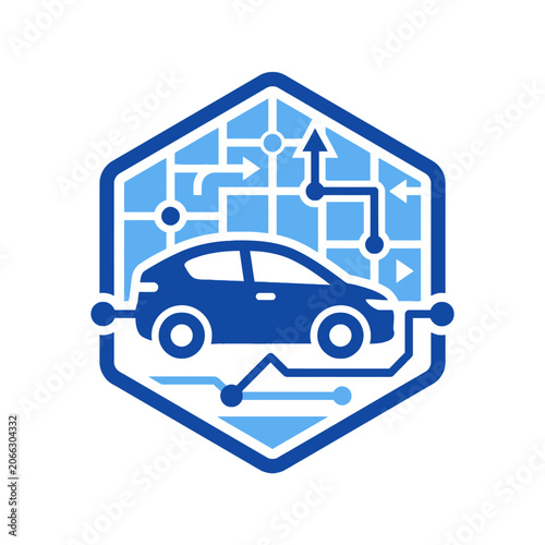 A blue hexagonal icon featuring a car and navigation paths