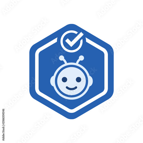 A blue hexagon icon featuring a friendly robot and checkmark