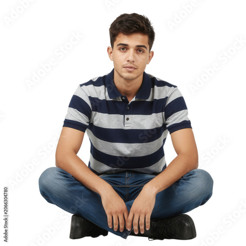 Young Man Sitting Cross Legged Striped Polo Shirt