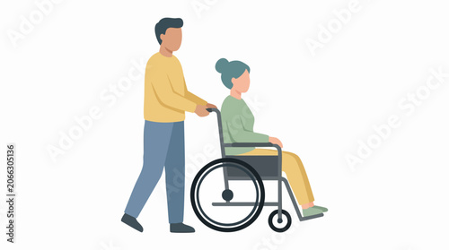 Man pushing woman in wheelchair, care and assistance for disabled person