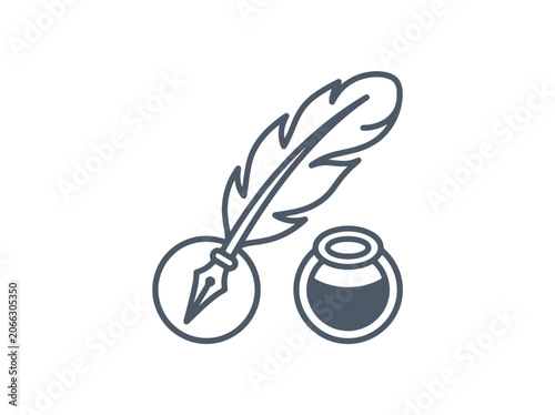 Minimalist quill feather and fountain pen nib line icon on white background with copy space for creative writing, literature, and blogging logo design