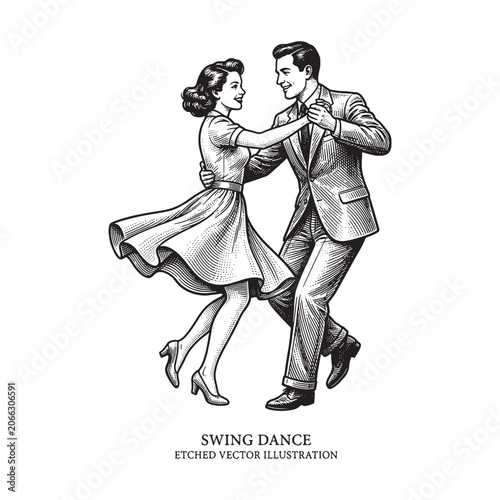 Tableau sur toile Vintage Retro Swing Dancing Club Scene, Jitterbug Jazz Band Engraving