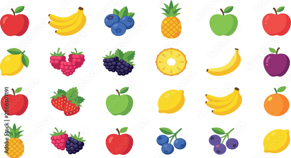 Obraz premium Flat design organic fresh fruit vector icon collection bundle pack