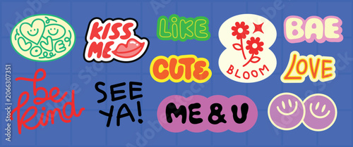 Bilde på lerret Colorful vector stickers with playful phrases and designs on a blue background