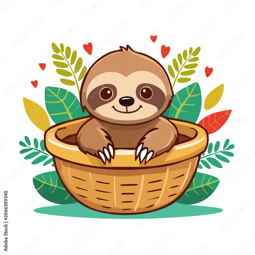 Fototapeta premium Cute cartoon sloth in a woven basket with tropical leaves