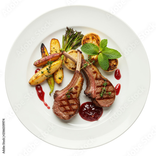 Grilled Lamb Chops with Roasted Vegetables and Garnishes on White Plate Transparent Background