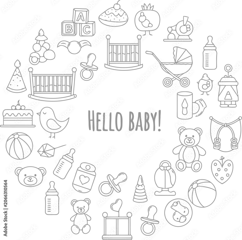 Fototapeta premium Hello Baby Baby Shower Doodle Border with Nursery Icons in Soft Gray Line Art