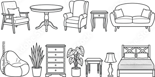 Minimalist home furniture set featuring black and white outline doodle vectors of modern living room interior icons