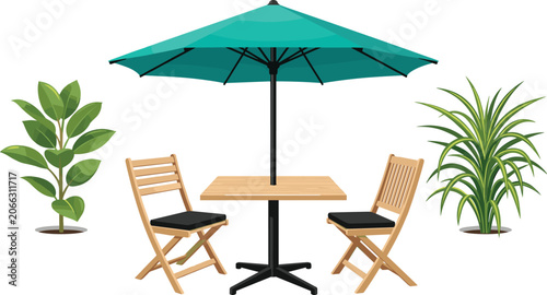Outdoor patio furniture vector illustration featuring wooden table with green umbrella chairs and tropical potted garden plants