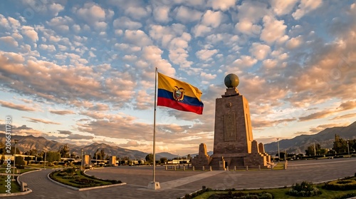 Mitad del Mundo monument and Ecuadorian flag under dramatic sunset clouds in Quito outdoor landscape