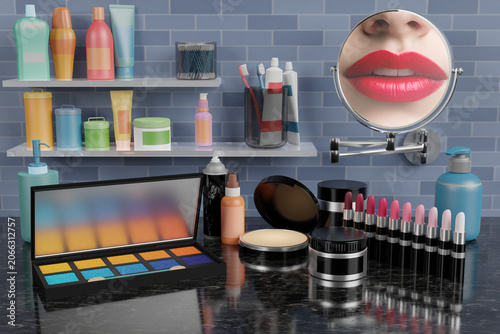 Set da bagno, cosmesi e cosmetici in elegante bagno con specchio e viso di donna riflesso in primo piano.