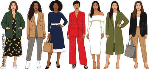 Elegant women fashion collection vector illustration featuring diverse female models wearing stylish chic clothing and outerwear line