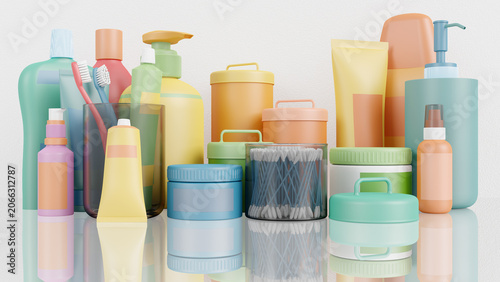Cosmesi, cosmetici. Set da bagno e di bellezza su sfondo bianco con riflesso.