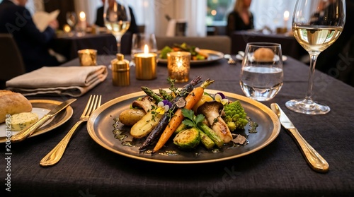 A Premium Luxury Fine Dining Plating of Vibrant Roasted Vegetables, Artfully Arranged for an Exquisite Culinary Experience