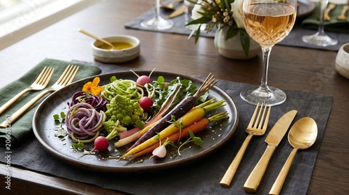 Premium luxury roasted vegetables salad served on a gourmet dining table with elegant gold cutlery and wine for a healthy fine dining experience