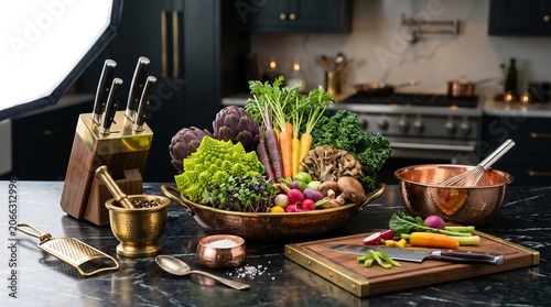 Premium Selection of Fresh Organic Vegetables in a Luxury Gourmet Kitchen Setting