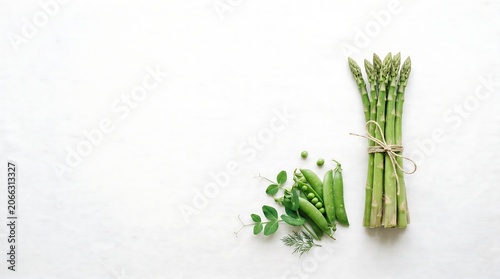 Premium Luxury Vegetables Featuring Fresh Green Asparagus and Sweet Peas on Elegant White Background