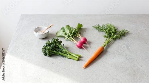 Premium and Luxury Fresh Vegetables with Broccoli, Radishes, and Carrots Arranged Elegantly on a Concrete Countertop