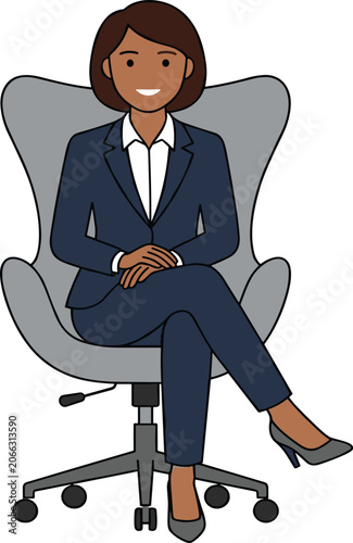 Confident black businesswoman sitting in modern office chair vector illustration featuring elegant female character in dark pantsuit