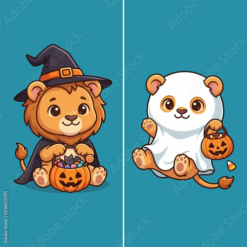 Cute Cartoon Lion Cubs in Halloween Ghost and Witch Costumes