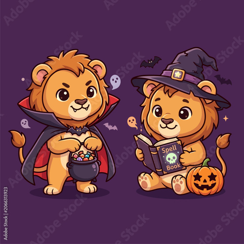 Cute Lion Cubs in Halloween Vampire and Witch Costumes