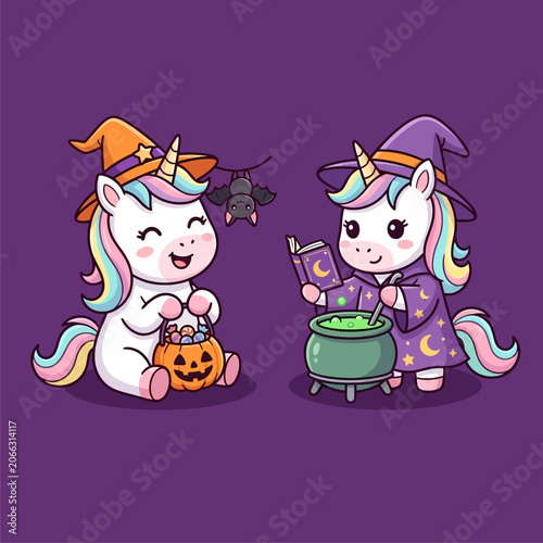Cute Halloween Unicorns with Witch Hats and Magic Cauldron
