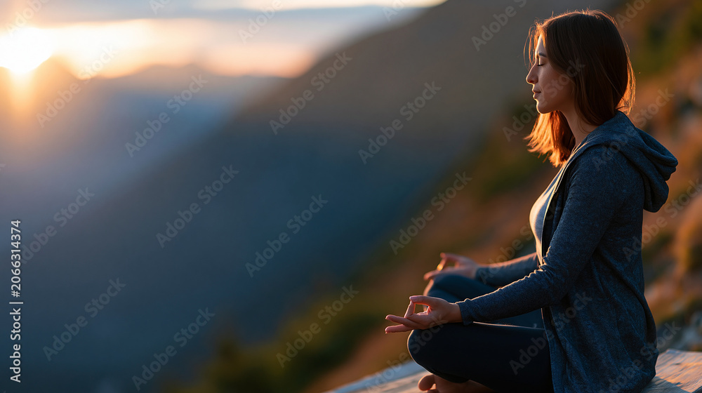 Naklejka premium Faceless woman meditating at mountain sunrise, peaceful posture against a dramatic alpine backdrop, defocused mountain range in background, mountain mindfulness concept