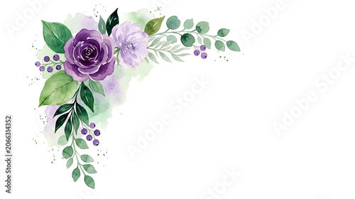 Purple Rose Watercolor Floral Corner With Elegant Leaves, by generative AI technology