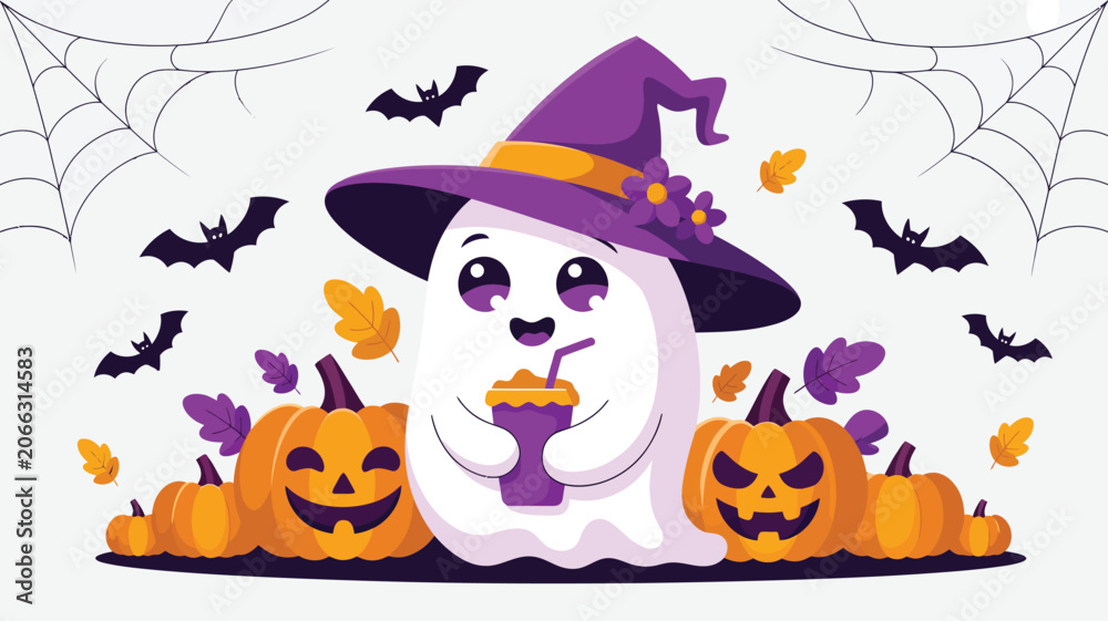 Fototapeta premium Happy ghost wearing a purple witch hat sips a drink with pumpkins and bats