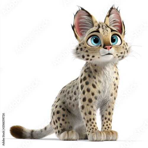 Adorable Spotted Feline Character with Big Blue Eyes Sitting and Looking Upward