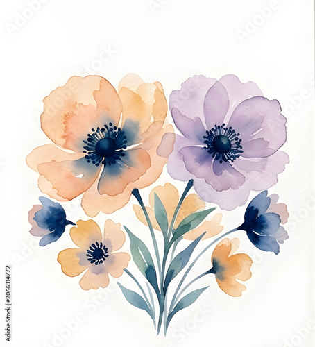 Peach And Lavender Watercolor Flowers Elegant Bouquet Design, by generative AI technology