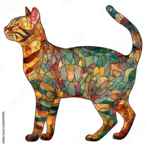 Artistic Abstract Cat Silhouette With Colorful Leaf Mosaic Pattern On White Background