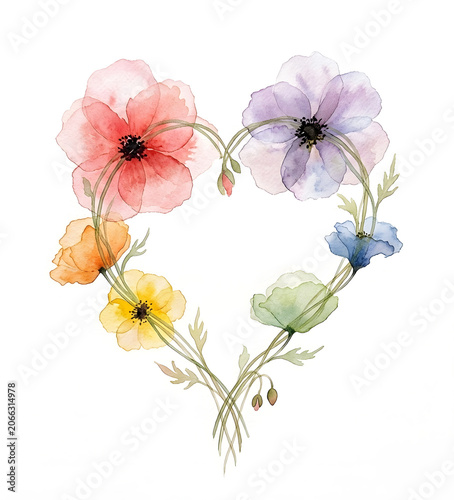 Pastel Wildflower Heart Shape Watercolor Floral Arrangement, by generative AI technology