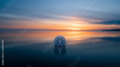 Visual representation of brain patterns reflected in calm water against a sunset backdrop, showcasing the relationship between thought and nature, abstract concept photography,