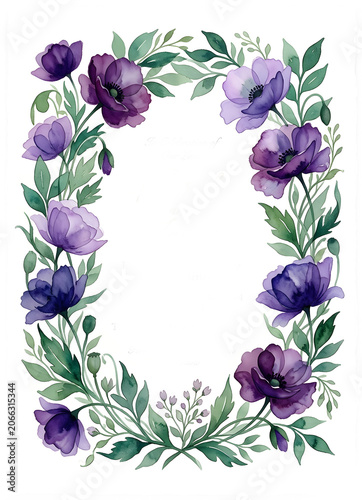 Elegant Purple Floral Frame With Botanical Leaf Details, by generative AI technology