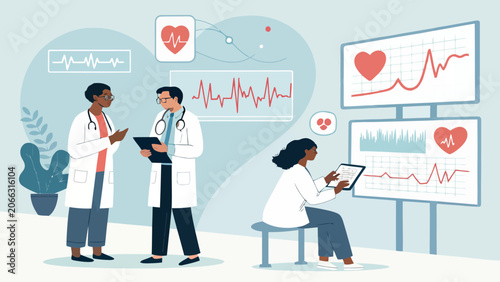 Medical professionals analyzing heart rate and ecg monitor data on screens