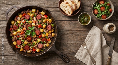 Traditional chorizo sausage skillet top view food photography on rustic wooden background