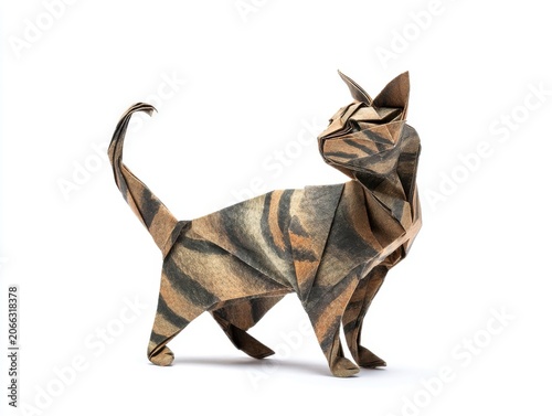 Brown Tiger Striped Origami Cat Standing Isolated On White Studio Background