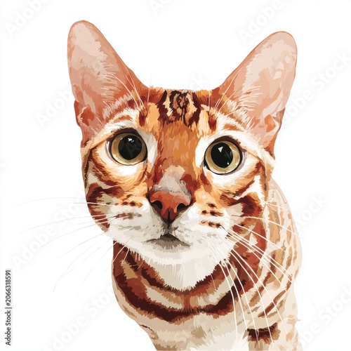 Close Up Portrait of a Bengal Cat With Big Eyes and Orange Tabby Fur on White Background