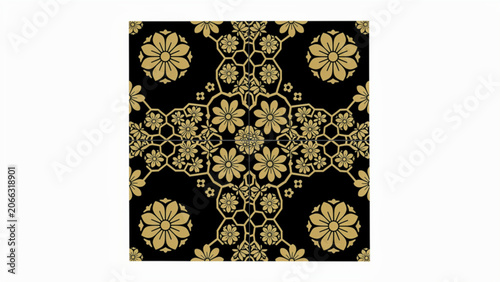 Intricate floral gold pattern on black background decorative textile design