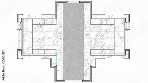 Interior architectural floor plan layout with marble and concrete textures and detailed wall arrangements for building design