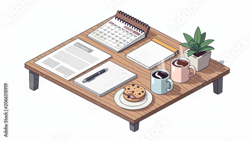 cozy workspace with desk accessories plants notebook coffee mug and snacks for productivity and relaxation