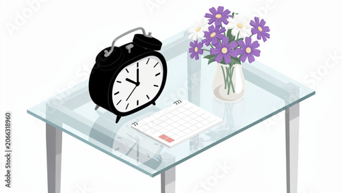 Glasstable with purple flowers and black alarm clock in modern home interior