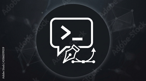 Coding concept with speech bubble and hand cursor on dark background with network connections