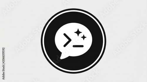 Black and white icon of a speech bubble with a starry eyes and a greater than symbol